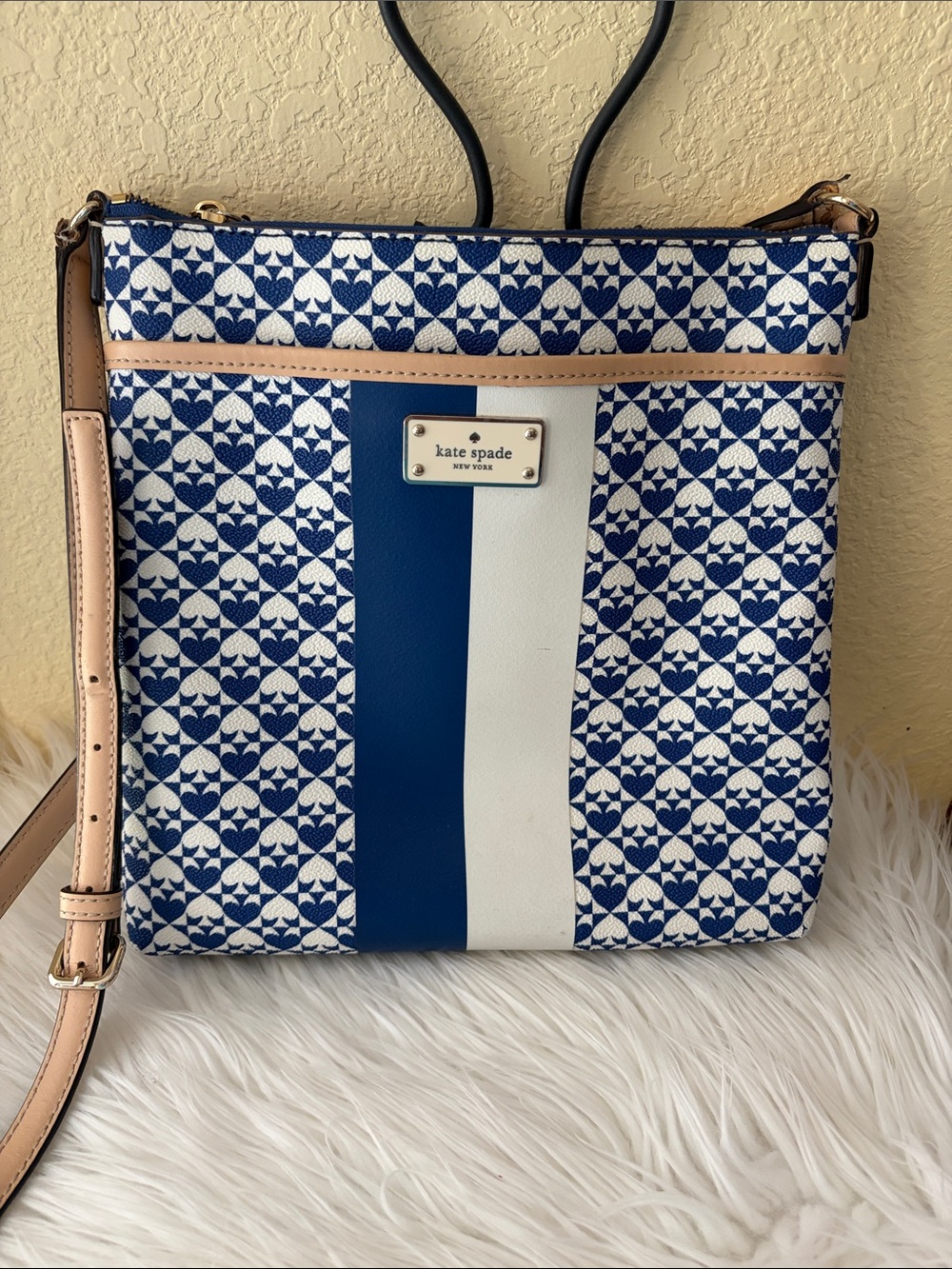 kate spade Blue, White & Tan Patterned Crossbody with Central Stripe